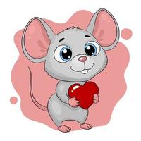 Cute cartoon mouse with a heart in hands. Greeting Card, vector illustration