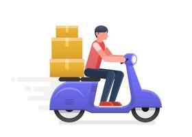 Fast delivery man ride motorcycle. Online shopping. Vector illustration