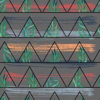 watercolor twigs with leaves in triangles frames on the background of texture stripes of paint strokes geometric vector seamless pattern