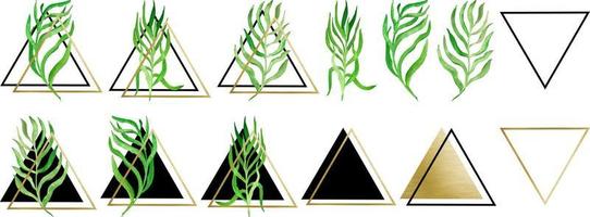 vector set isolated elements watercolor leaves with geometric gold triangles