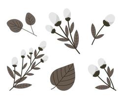 conjunto de elementos florales, ramas de algodón blanco y hojas sobre un fondo blanco. impresión, pegatinas, calcomanías, vector