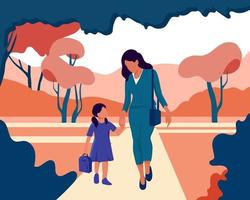 Woman with a girl by the hand in the park. Mom and daughter are walking along the alley with trees. Illustration, vector