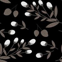 patrones sin fisuras, ramas de algodón blanco con hojas sobre un fondo negro. impresión, fondo, papel pintado, vector