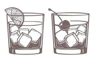 dibujo en línea de vasos con whisky, cubitos de hielo, cerezas y una rodaja de limón. ilustración, iconos, vector