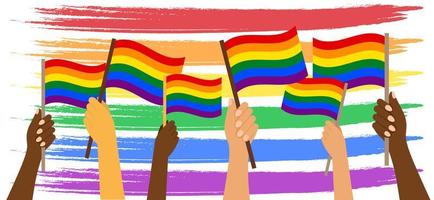 manos multiétnicas con banderas lgbt sobre fondo de arco iris acrílico abstracto. pancarta del mes del orgullo, afiche, fondo. ilustración, vectorial vector