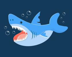 lindo tiburón de dibujos animados y burbujas de agua en un fondo de mar azul. impresión para niños, ilustración, vector