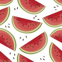 Seamless pattern, juicy watermelon pieces and pits on a white background. Print, fruit background, textile, wallpaper, vector