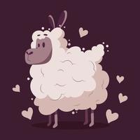 Cute fluffy sheep in pink colors with hearts. Print for children, illustration, postcard, vector