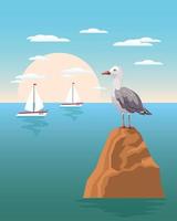 Lovely seagull on a rock against the backdrop of a seascape with yachts. Summer illustration, vector