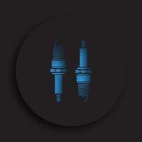 automotive spark plug in neomorphism style on dark background. Replacement of car parts in service center. Vector icon