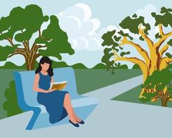 A young woman is reading a book in the park on a bench. The girl is resting in nature. Illustration, vector