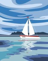 Colorful white yacht in the ocean, seascape with cloudy sky. Travel concept. Summer illustration, vector