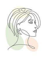 Line art, portrait of a girl with a short bob haircut. Black line and pastel abstract spots. Illustration, wall art, poster, vector