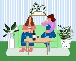 Young women drink wine sitting on a sofa in a home interior with houseplants. Lifestyle concept. Flat illustration, vector