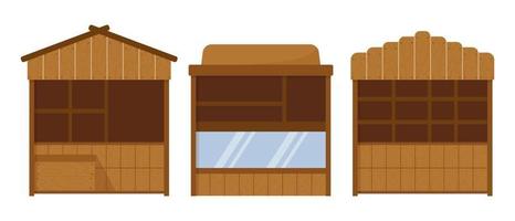Set of wooden street stalls, empty stalls for selling goods. Decor elements, templates, vector