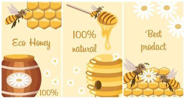 Honey poster set. Posters with bees, honeycombs, a jar of honey, a spoon, a barrel and daisies. The concept of ecological bio products. Vector