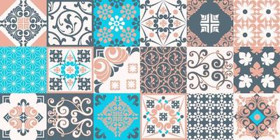 Seamless patchwork tile. Majolica pottery tile. Portuguese and Spain decor. Ceramic tile in talavera style. Vector illustration.  Abstract seamless patchwork pattern with geometric and floral ornament