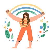 Mental health of self care and love. The concept of psychological therapy, mental health and cultivation of the inner world. Happy woman standing under a rainbow surrounded by plants and flowers. vector