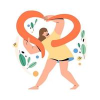 Happy woman holding a big heart with a red ribbon coming out of the middle of the body. The concept of mental health, self love, therapy and care. Vector illustration of a healthy lifestyle