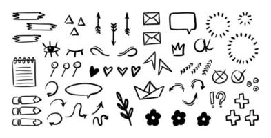 Sketch set of hand drawing. Collection of decorative graffiti with heart, star, crown, arrow, frame, lines and splashes. Doodle doodle elements for design concept. Vector illustration of simple ink.