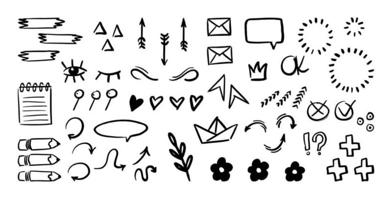 Sketch set of hand drawing. Collection of decorative graffiti with heart, star, crown, arrow, frame, lines and splashes. Doodle doodle elements for design concept. Vector illustration of simple ink.