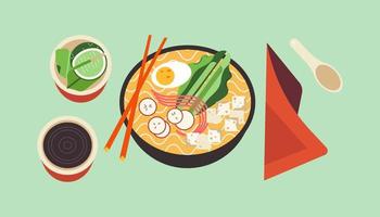 Ramen noodles wok. Bowl with spicy Thai food. Asian soup with egg, cabbage, choi and tofu. Japanese wok dish with chopsticks, spoon and spices isolated. Vector flat of oriental cuisine delicacies.