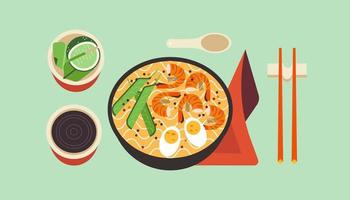 Ramen noodles. Bowl with spicy hot Thai food. Asian soup with egg, shrimp and young peas. Japanese dishes with chopsticks and spices isolated. Vector illustration of oriental cuisine delicacy culture.