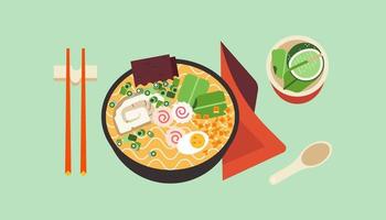 Ramen noodles. Bowl with spicy hot Thai food. Asian soup with egg, meat and kamaboko. Japanese wok dish with chopsticks, spoon and spices isolated. Vector flat of oriental cuisine delicacy culture.