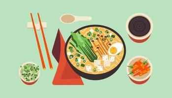 Asian ramen noodle soup with egg. Bowl with spicy hot Thai food. Japanese dishes with chopsticks and spices isolated. Vector illustration of oriental cuisine delicacy culture.