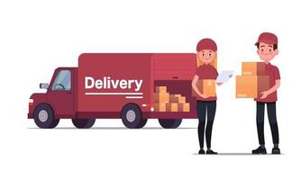 Mensajero de entrega que lleva paquetes con ilustración de vector de camión de entrega