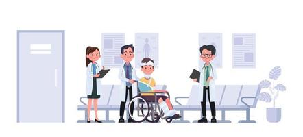 Medical concept with doctor and patients in flat cartoon at hospital hall. vector