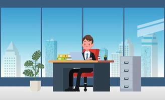 Office workplace with table. Business man or a clerk working at her office desk. Flat vector illustration.