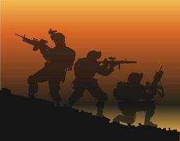 the silhouette of soldiers fighting with guns vector