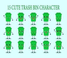 set of 15 cute trash bin characters with various expressions vector