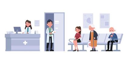 la recepcionista y los pacientes se sientan y esperan frente a la habitación en el hospital al estilo plano. personaje de dibujos animados de ilustración vectorial vector