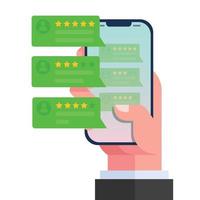 Review rating bubble speeches on mobile phone, smartphone reviews stars with good and bad rate and text, concept of testimonials messages, notifications, feedback, Vector illustration. Flat design.