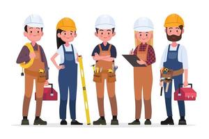 Technicians people group, engineering worker and construction. Industrial engineers workers, builders characters isolated cartoon vector illustration
