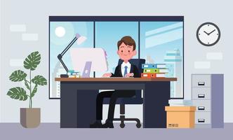 Office workplace with table. Business man or a clerk working at her office desk. Flat vector illustration.