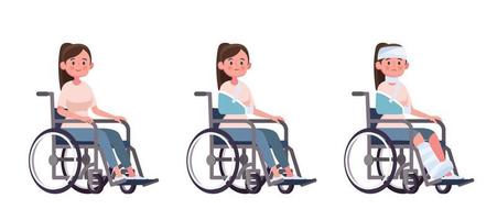 young woman in a wheelchair set vector cartoon illustration concept of injury and disability recovery from accident