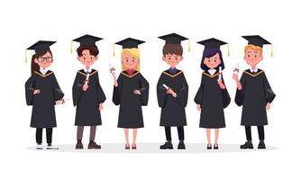 Group of graduating students standing together. Vector people illustration.