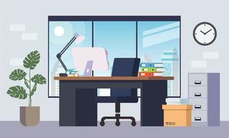 ilustración de una sala de oficina con mesas, estantes y computadoras. vector