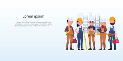 Technicians people group, engineering worker and construction. Industrial engineers workers, builders characters isolated cartoon vector illustration
