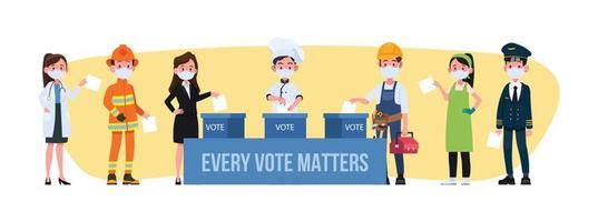 procedimientos de votación durante la pandemia diferentes ocupaciones enmascaradas ponen una papeleta en la urna. vector