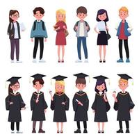 Group of young students. Group of graduating students standing together. Flat style vector illustration isolated on white background.