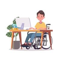 Person in wheelchair working on computer desk in home office vector