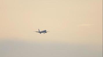 Passenger airliner flies in the twilight sky, long shot. Tourism and travel concept video