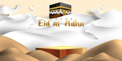 Eid al adha islamic decoration display podium background with goat, camel , cow , moon and star . Product showcase for ramadan kareem, mawlid, eid al fitr, muharram vector