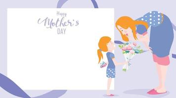 Happy mother's day greeting card. Child daughter congratulates mom and gives her flowers tulips. Vector illustration flat design style. flat cartoon style. Copy space for text. - vector