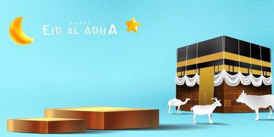 Eid al adha islamic decoration display podium background with goat, camel , cow , moon and star . Product showcase for ramadan kareem, mawlid, eid al fitr, muharram