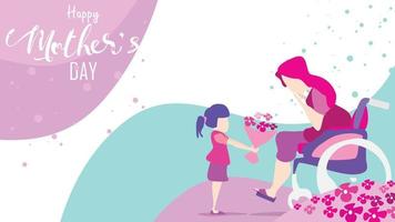 Happy mother's day Child daughter congratulates disabled mum in wheelchair and gives her flowers tulips. Mum smiling and surprising. Vector illustration flat cartoon design style. - vector